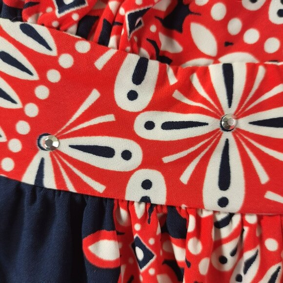 INC Womens Sleeveless Keyhole Tunic Top M Navy Red Geometric Stretch Embellished - Picture 6 of 10